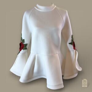 WHY DRESS Classic White Mock Neck Top w/ Rose Embroidery & Bell Sleeves - XL